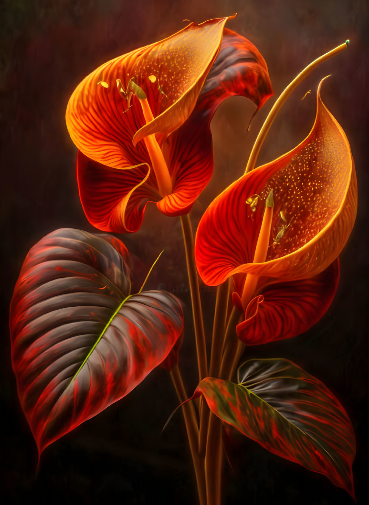 Three vibrant red calla lilies on dark background