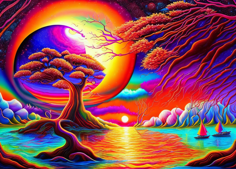 Colorful Psychedelic Landscape with Sun, Trees, Water, and Sailboats