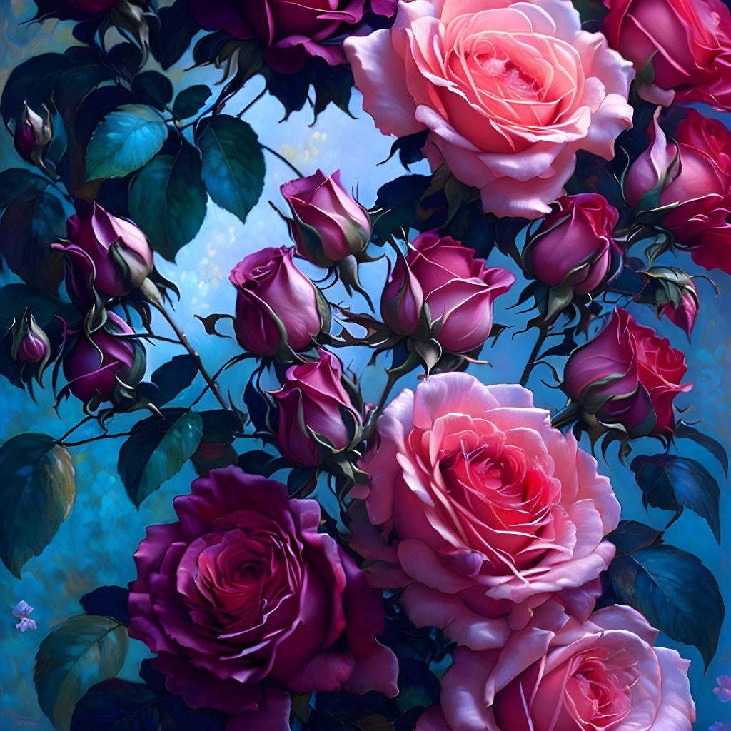 Colorful Pink and Purple Roses Blooming in Lush Greenery on Moody Blue Background