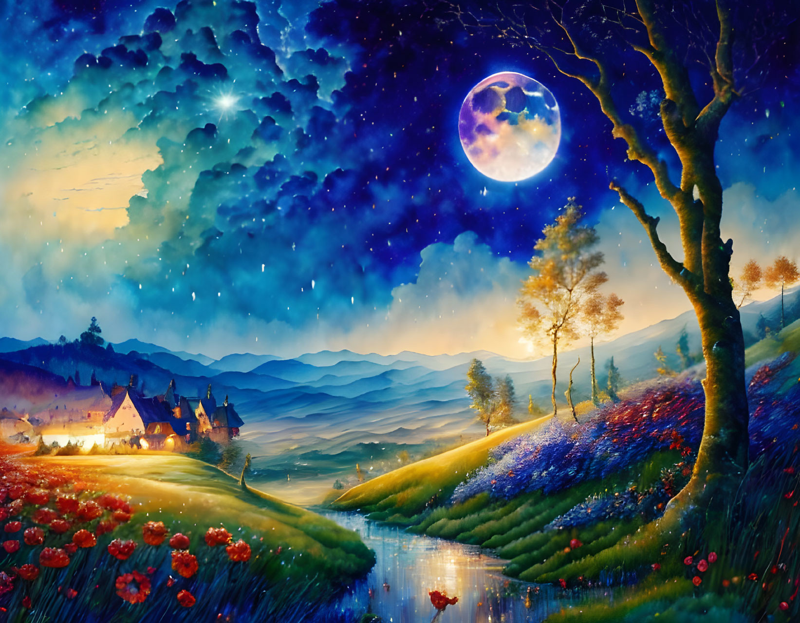 Luminous full moon over vibrant fantasy landscape