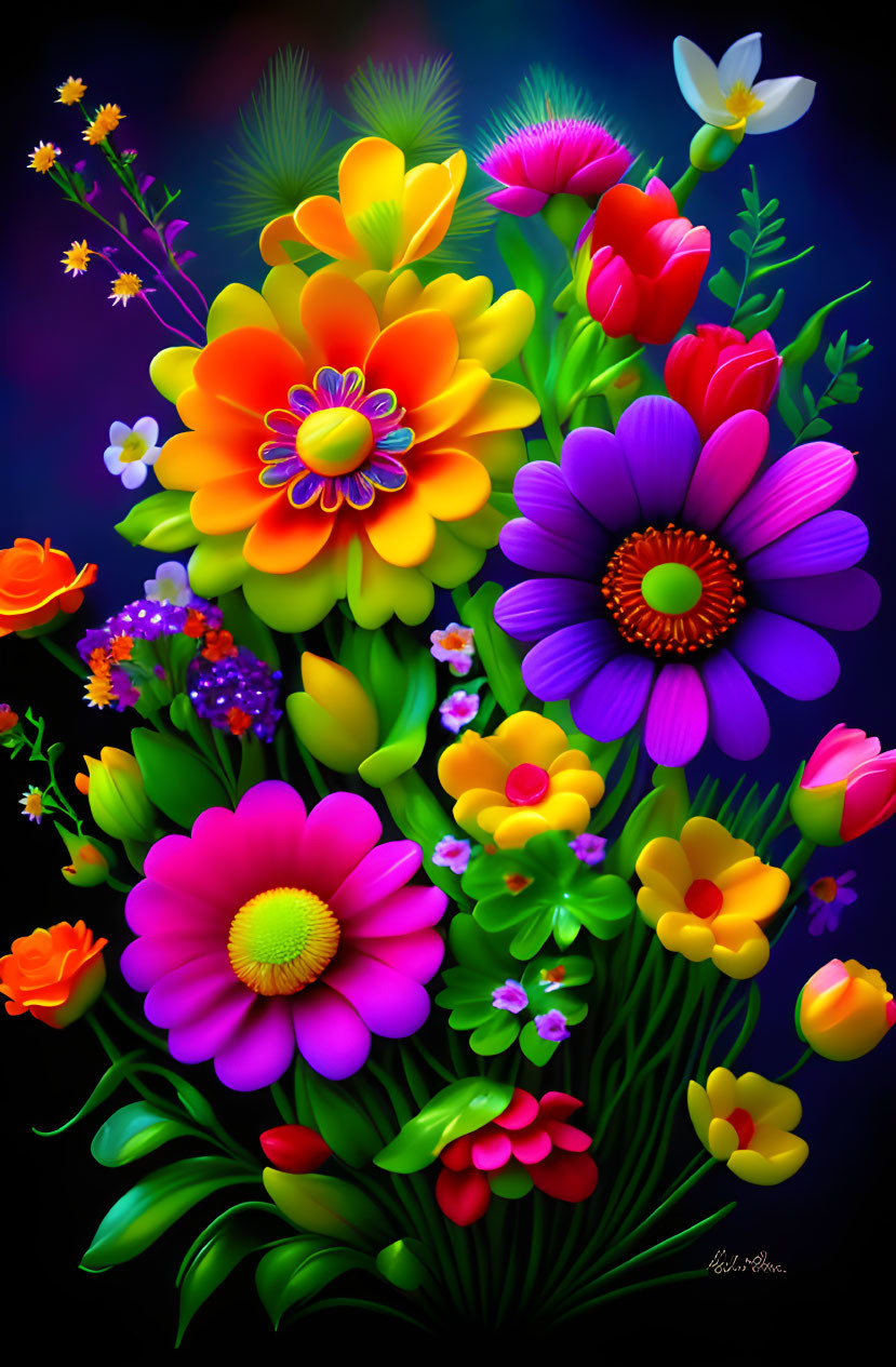 Colorful Neon Flowers Artwork on Dark Background