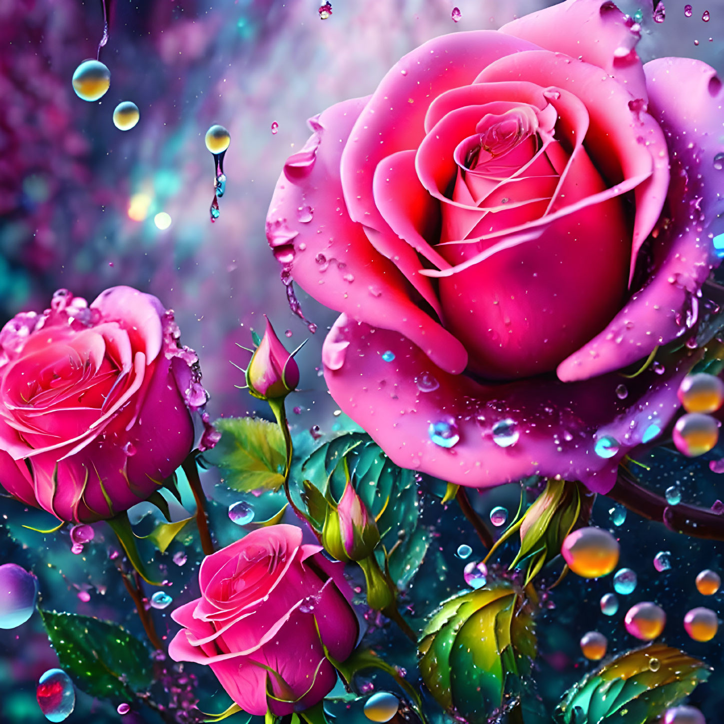 Colorful Pink Roses with Dewdrops on Bokeh Background and Floating Bubbles