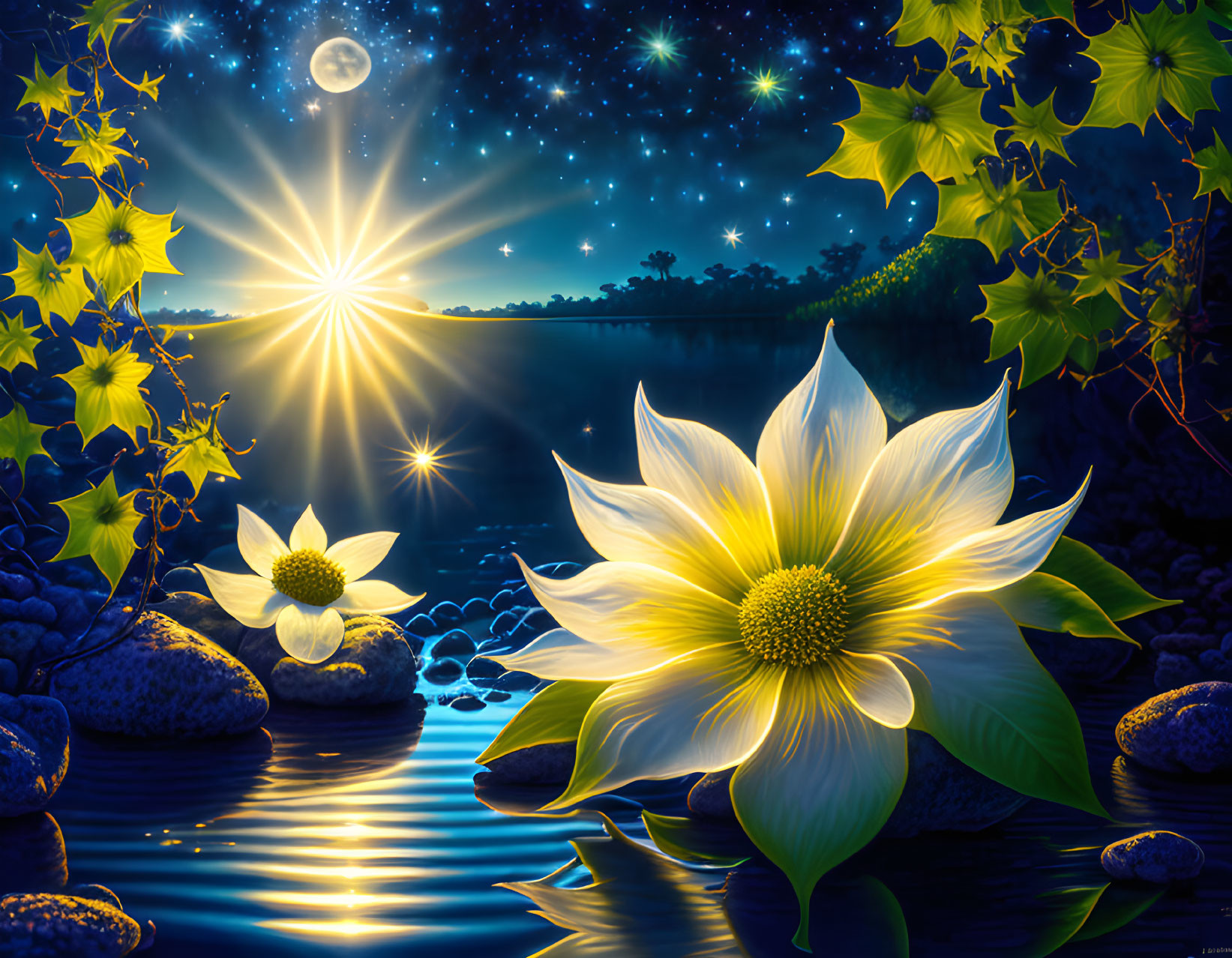 Night scene with starburst, moon, stars, flowers, river, and green leaves.