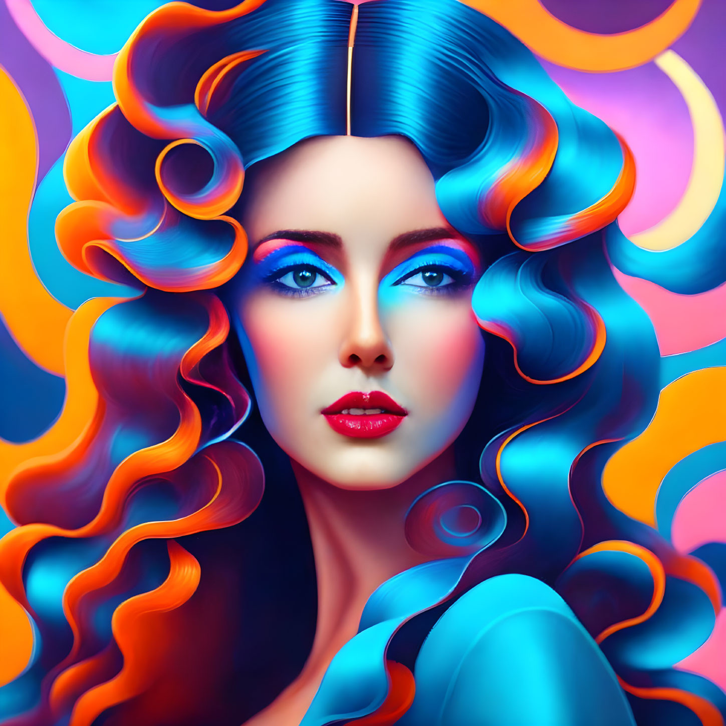 Vibrant blue hair woman in colorful digital art