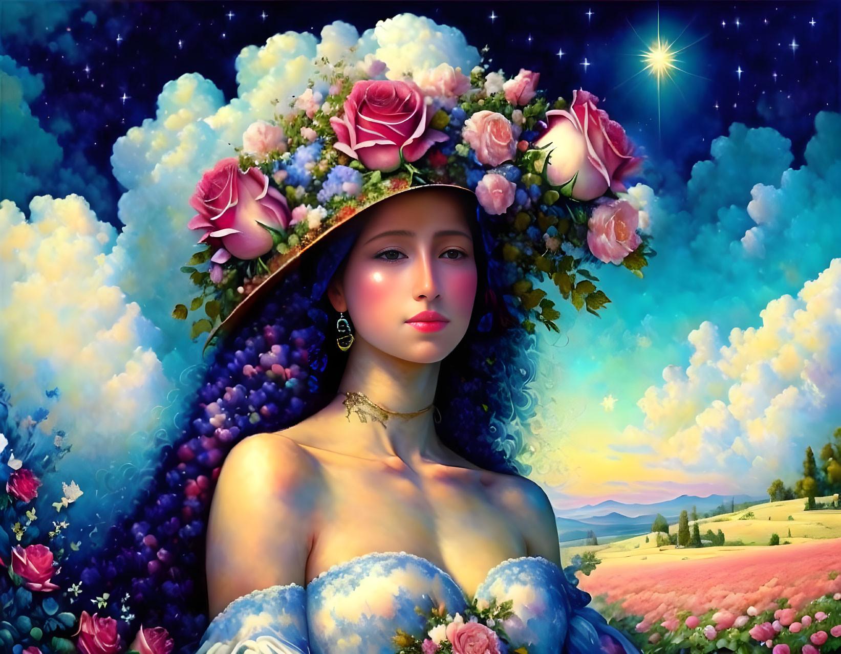 Colorful digital artwork: Woman with floral hat in starry landscape