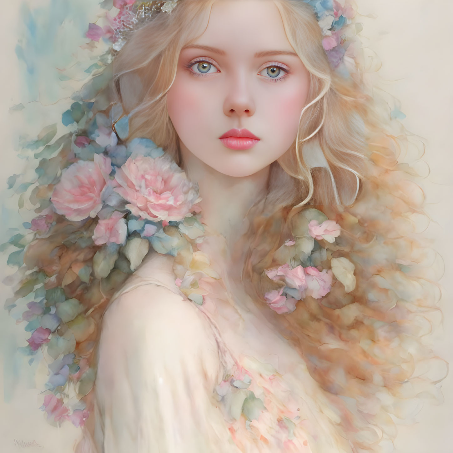 Portrait of young woman with blue eyes and floral tiara in pastel flower cloak