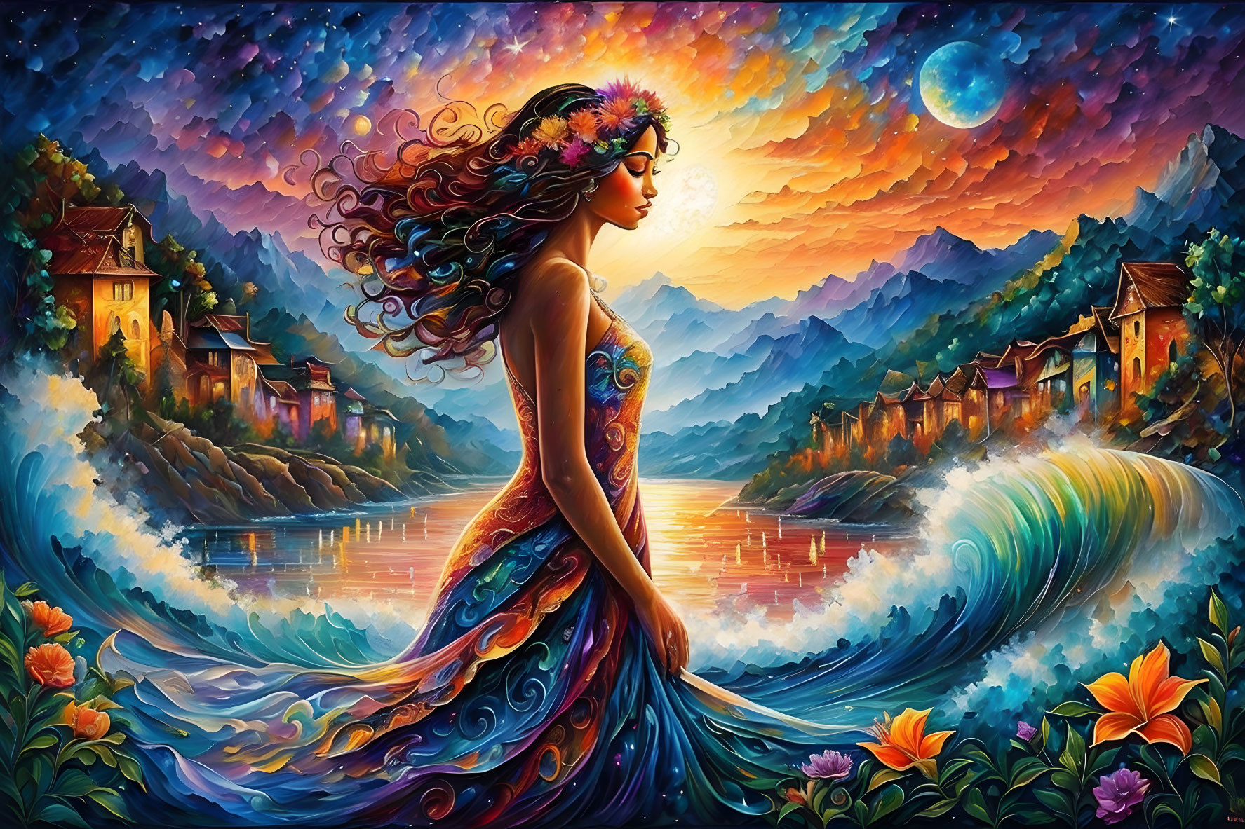 Vibrant image: Woman with flowing hair merges with colorful landscape