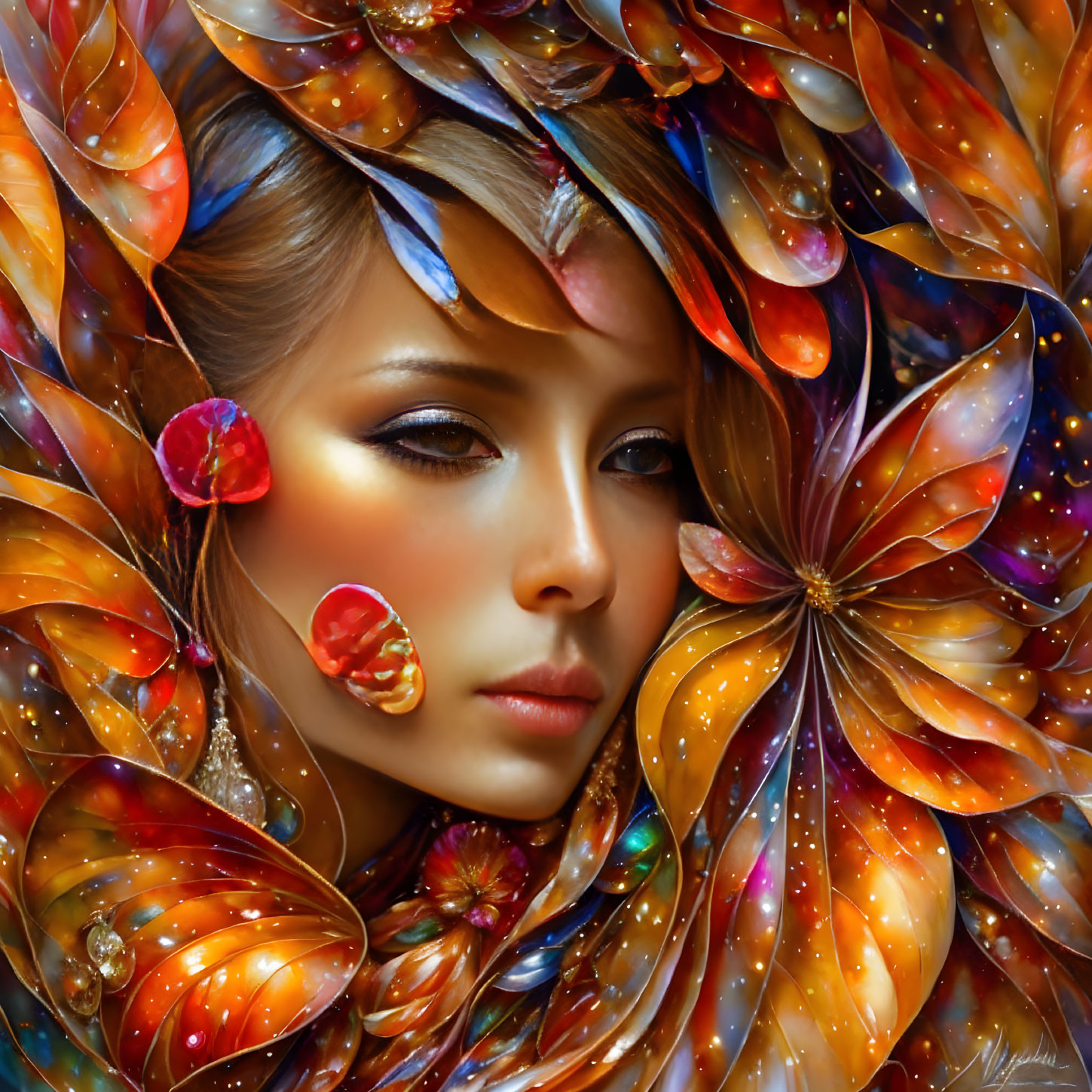 Vibrant floral headdress digital artwork with warm tones