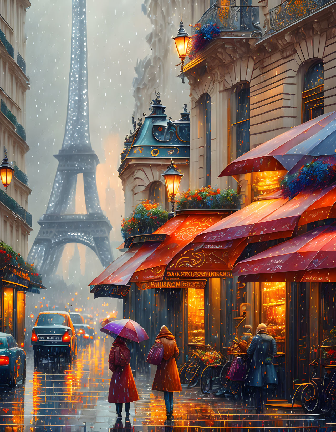 Paris street scene with cafes, pedestrians, umbrellas, glistening road, Eiffel Tower.