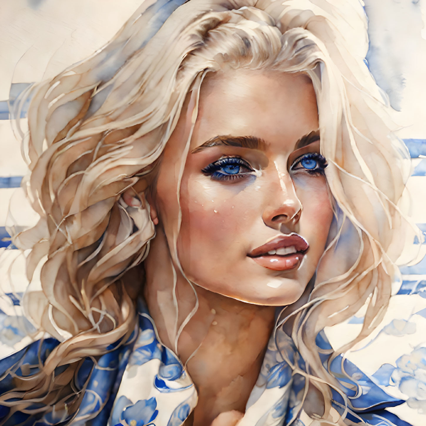 Blonde Woman Digital Artwork on Blue Patterned Background