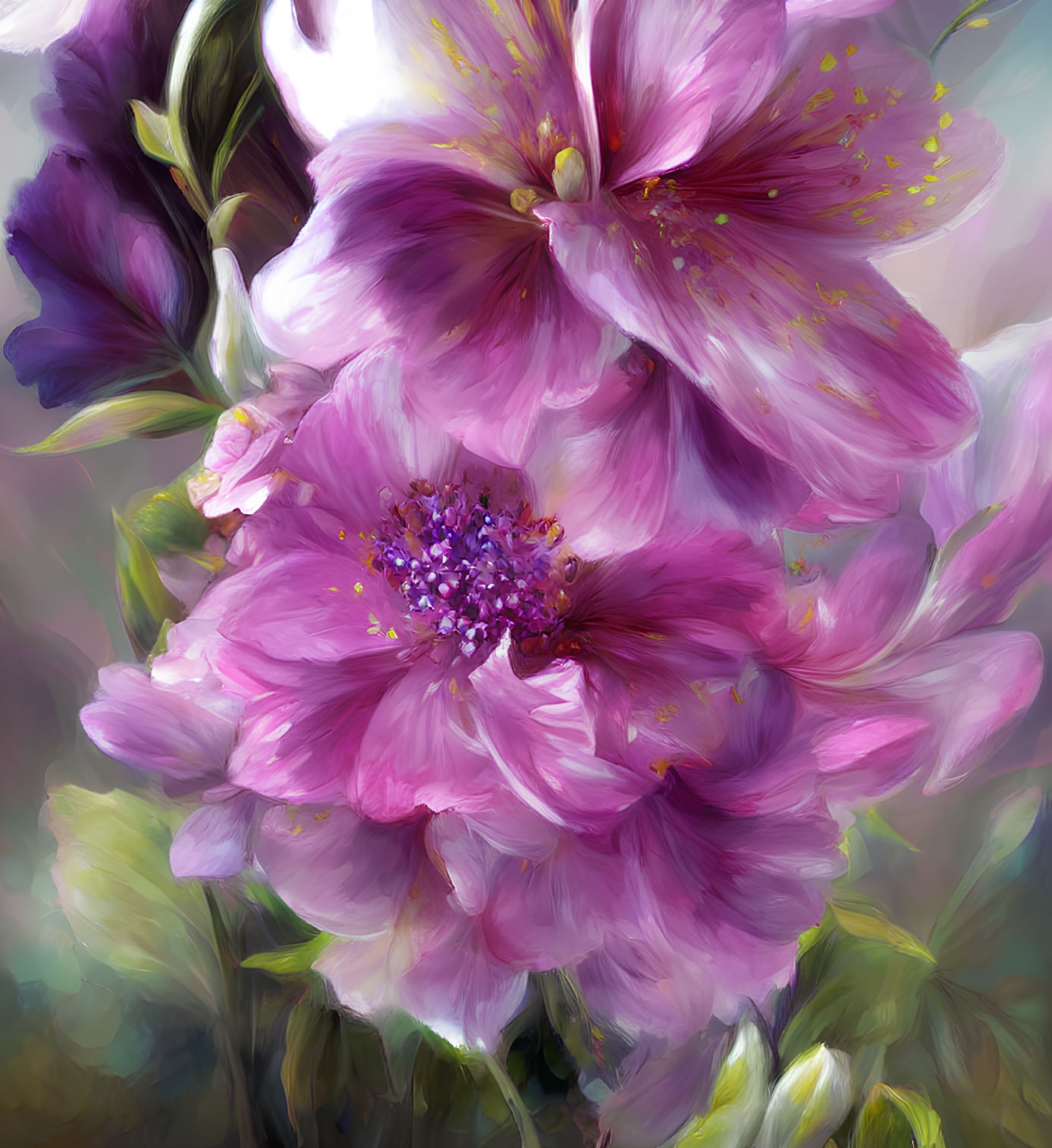 Purple Flowers Painting with Delicate Petals and Prominent Stamens