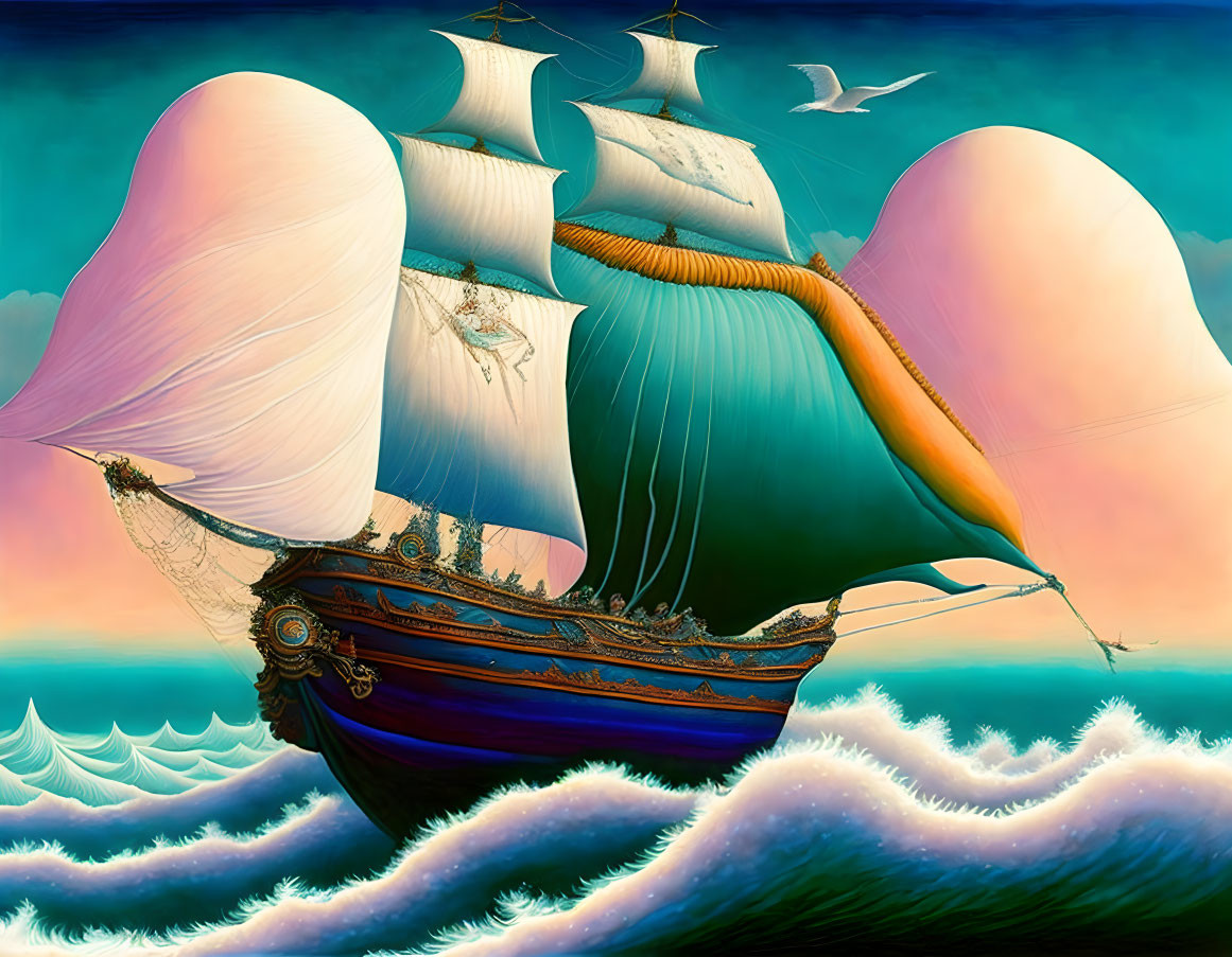 Surreal painting: ship with butterfly wings sails over stylized ocean waves