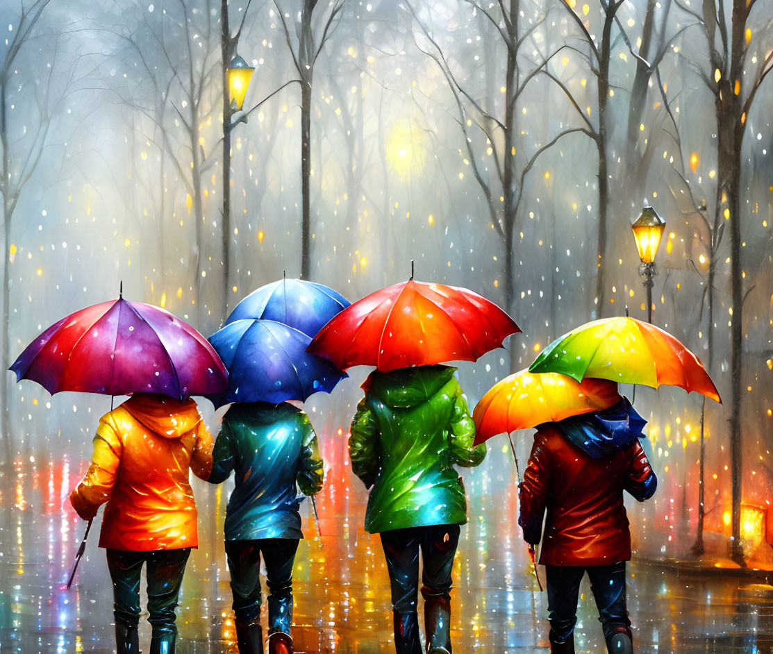 Colorful umbrellas in rainy street with lamp-lit ambiance and tree-lined backdrop