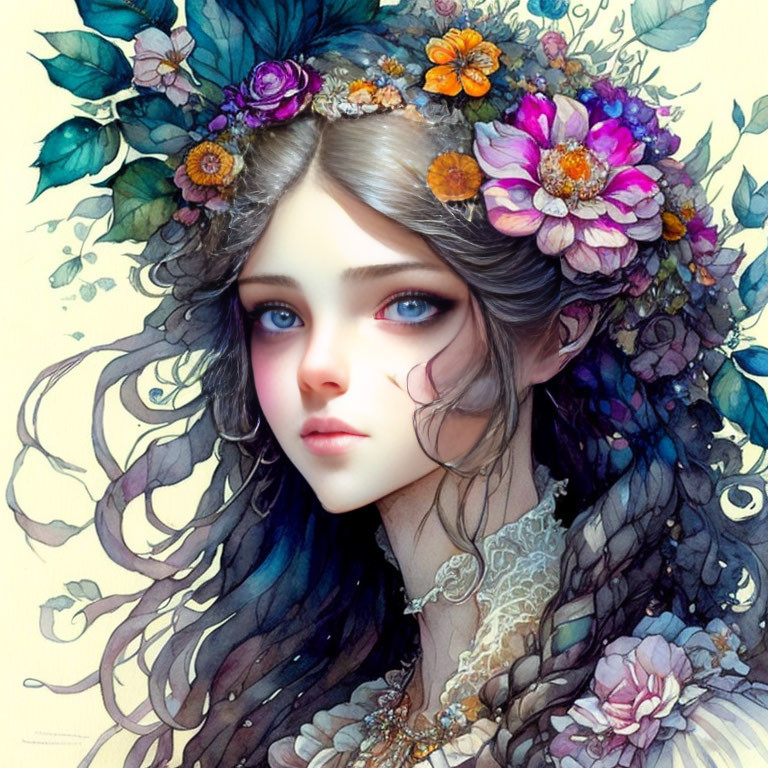 Fantasy illustration of a woman with dark hair and floral crown