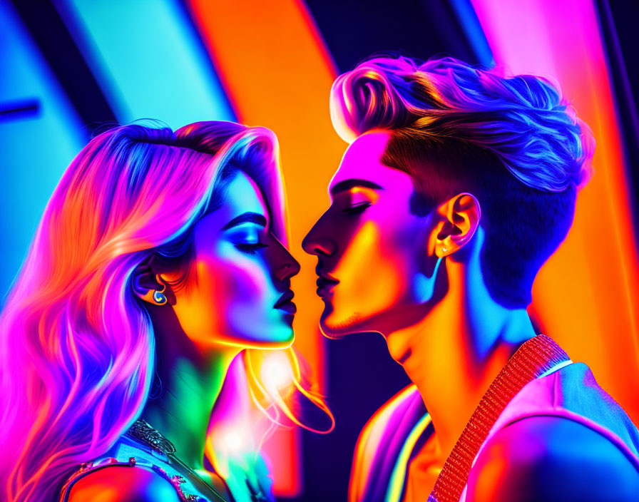 Profile silhouettes of two people with stylish hair under vibrant neon lights