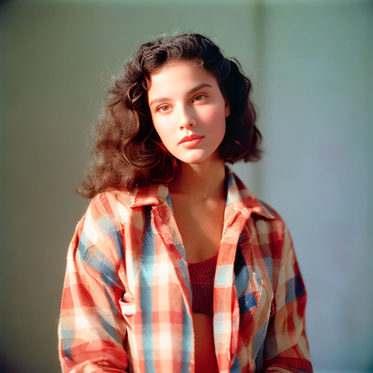 Woman with wavy hair in plaid shirt and red top in soft lighting