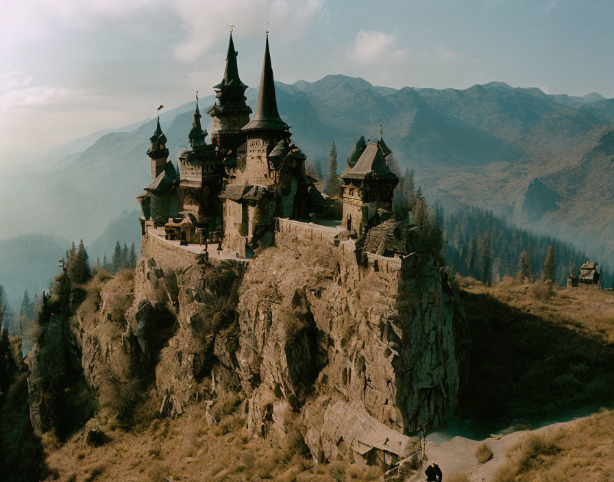 Castle on Rocky Cliff with Misty Mountains