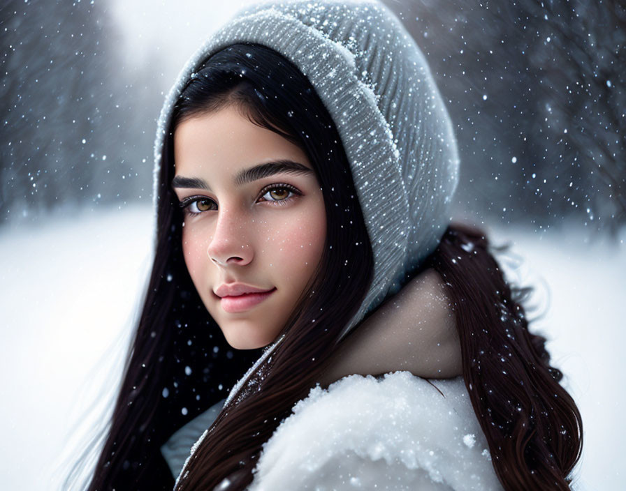 Dark-haired person in grey beanie surrounded by snowfall