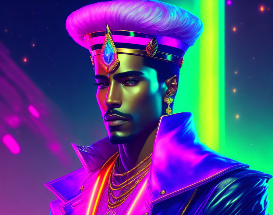 Colorful Stylized Man with White-Purple Hair in Regal Attire on Neon Background