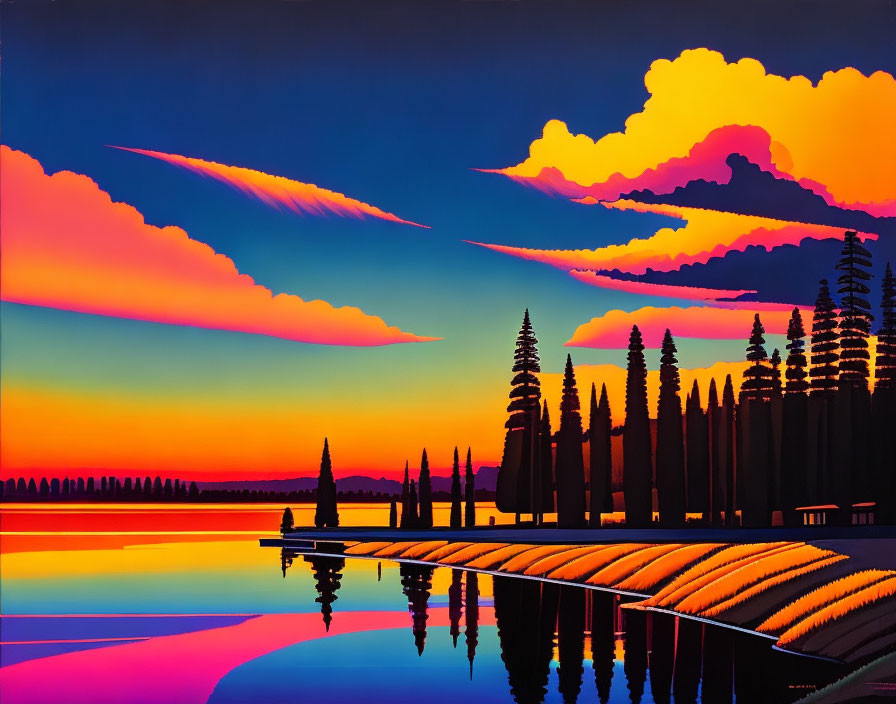 Colorful sunset painting of tranquil lake scene with dock and trees.