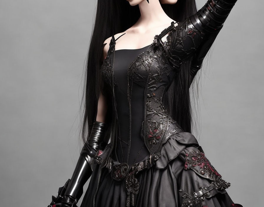 Elegant Female Mannequin in Black Gothic Dress & Gloves