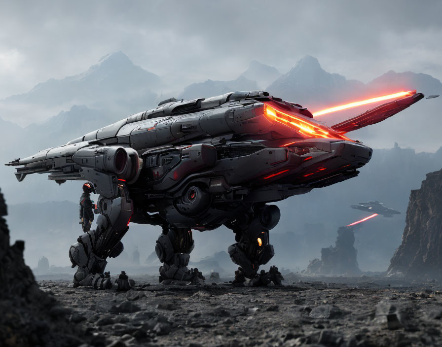 Sci-fi walker vehicle with red thrusters landing on rugged mountain terrain