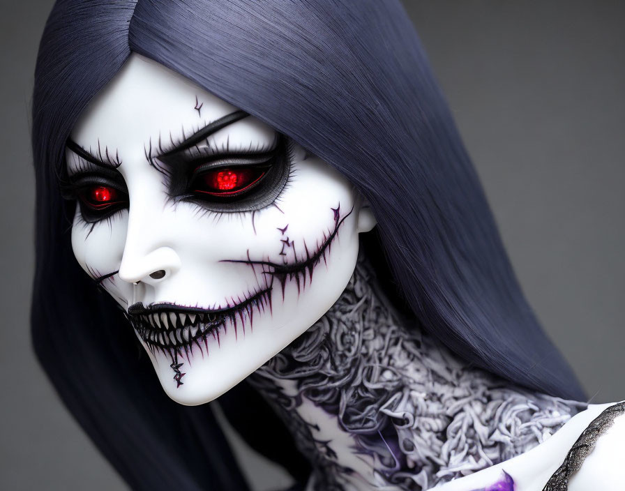 Skeletal makeup design with red eyes and stitched mouth illusion