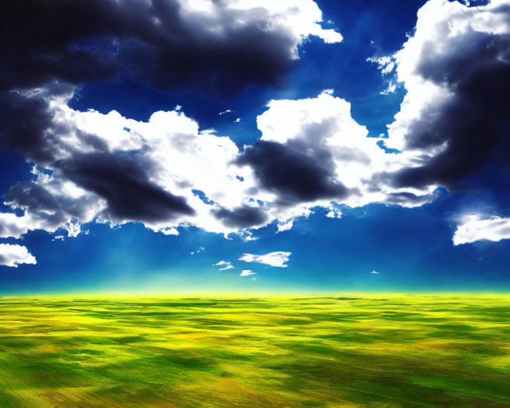 Dramatic sky over vibrant green field with sunlight piercing through clouds