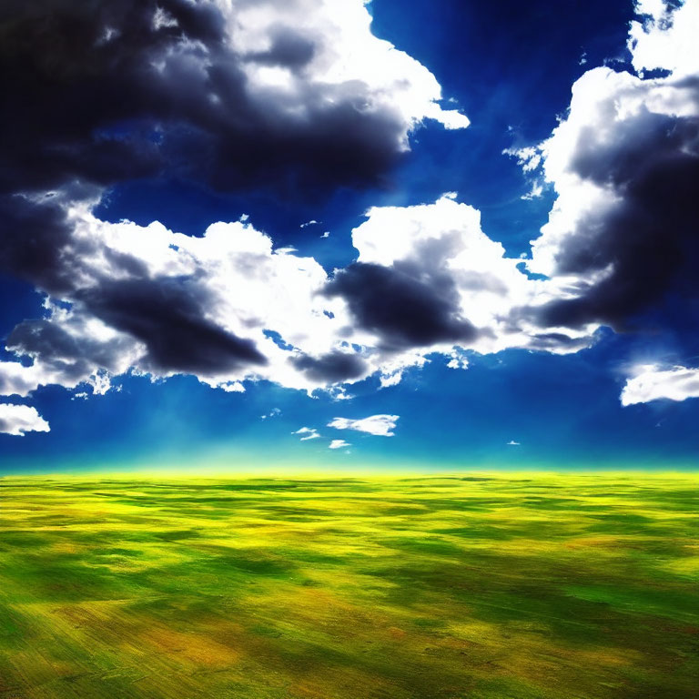 Dramatic sky over vibrant green field with sunlight piercing through clouds