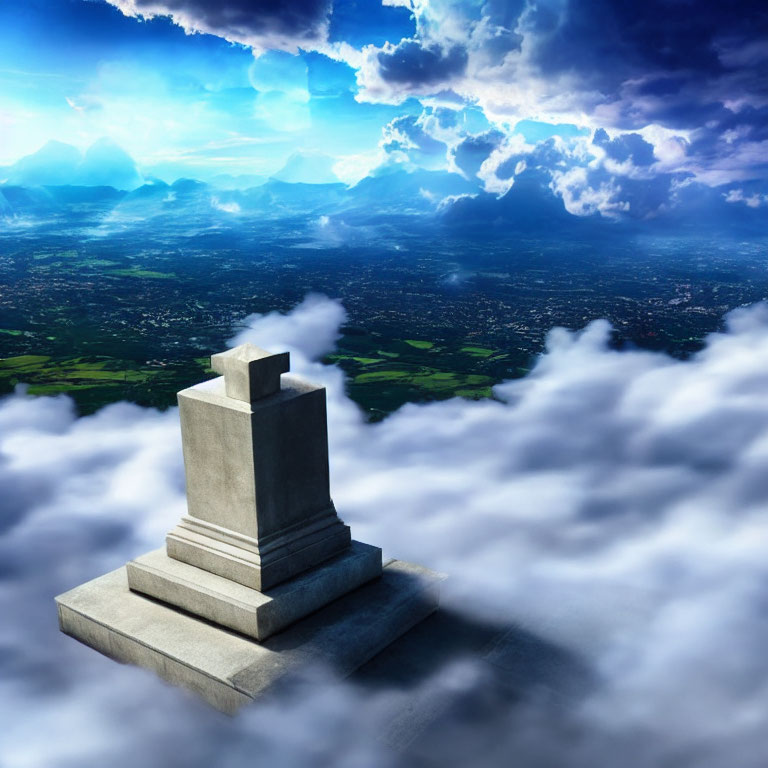 Stone monument on clouds overlooking green fields and mountains.