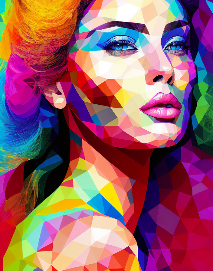 Vivid Geometric Digital Portrait of Woman with Blue Eyes