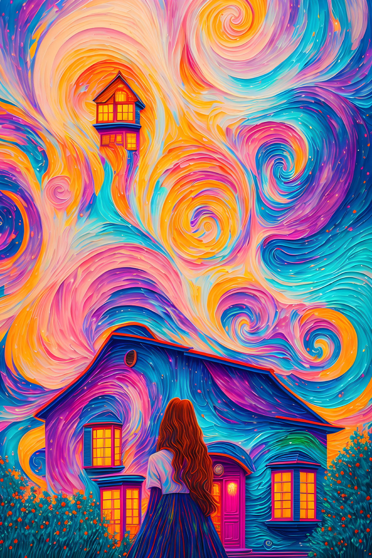 Colorful sky over woman looking at whimsical house in lush landscape