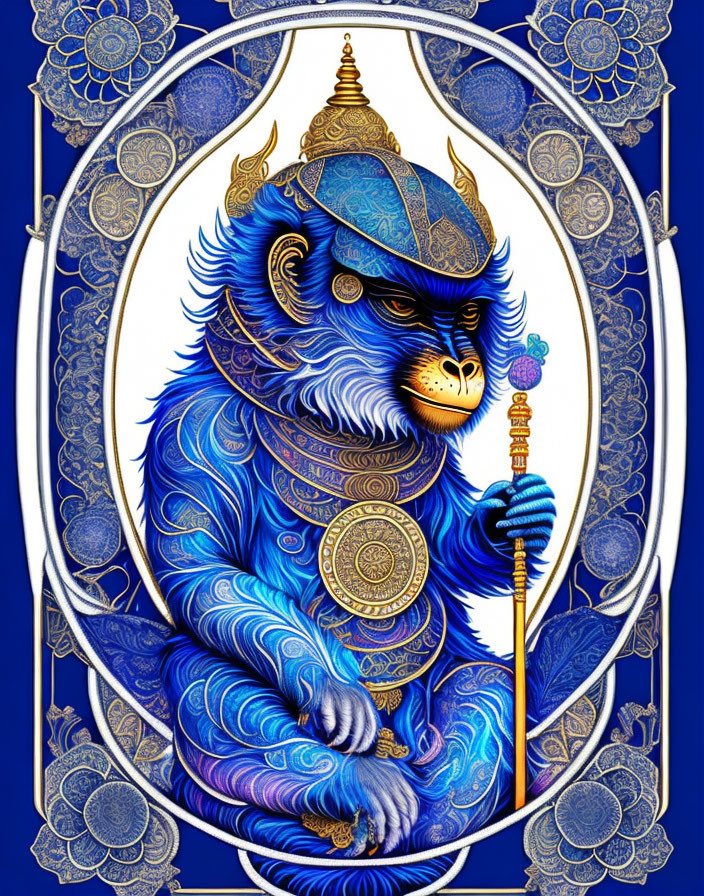 Ornate Blue Monkey Illustration in Traditional Attire