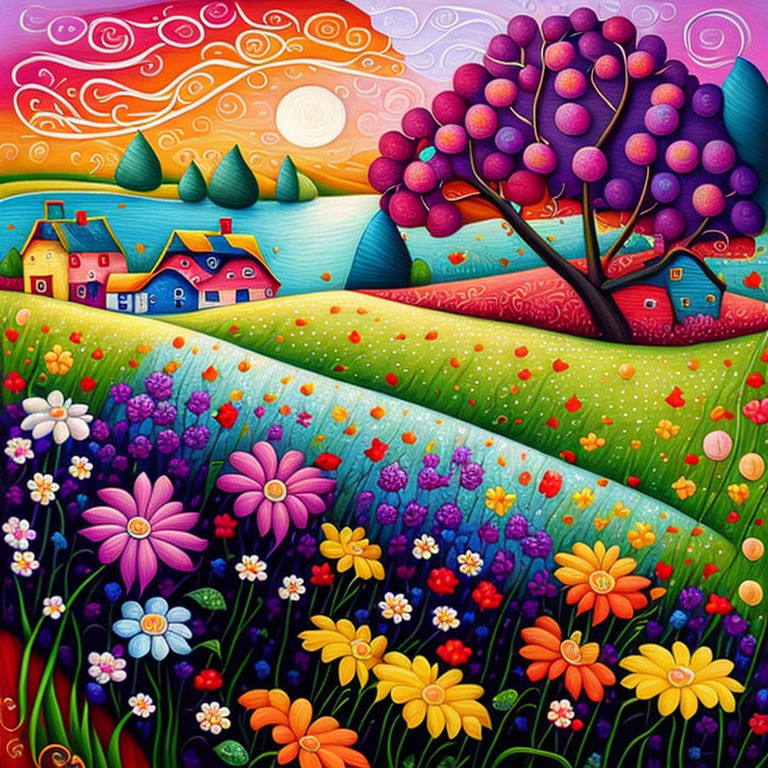 Colorful landscape with flowers, rolling hills, stylized trees, and quaint houses under a swir