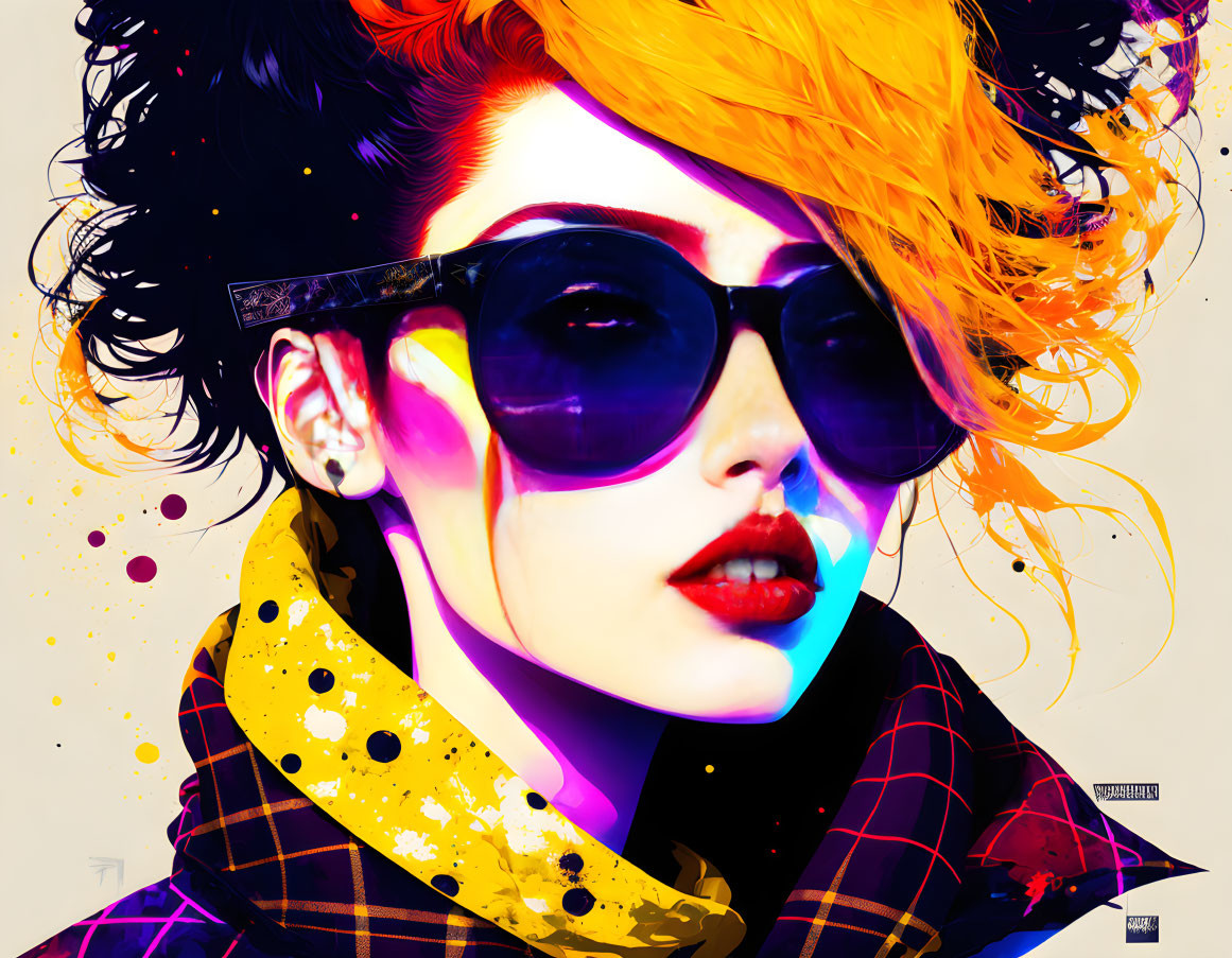 Colorful digital art featuring a woman with sunglasses and vibrant scarf