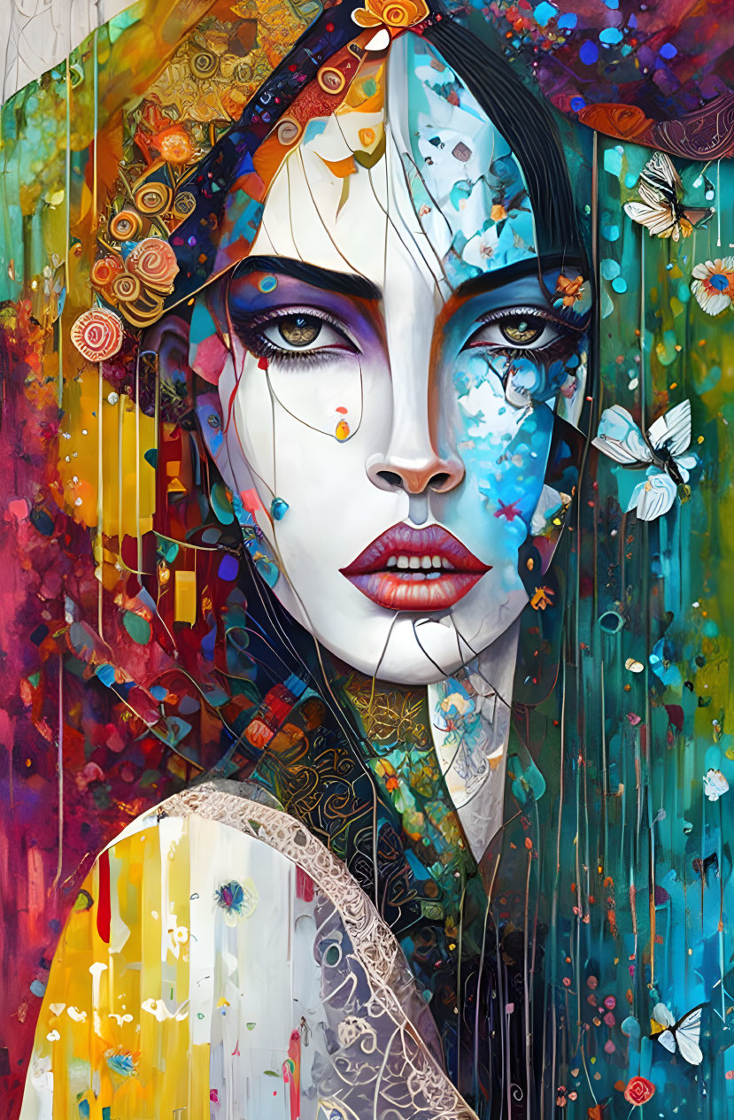 Colorful Abstract Portrait of Woman with Nature Elements and Butterflies