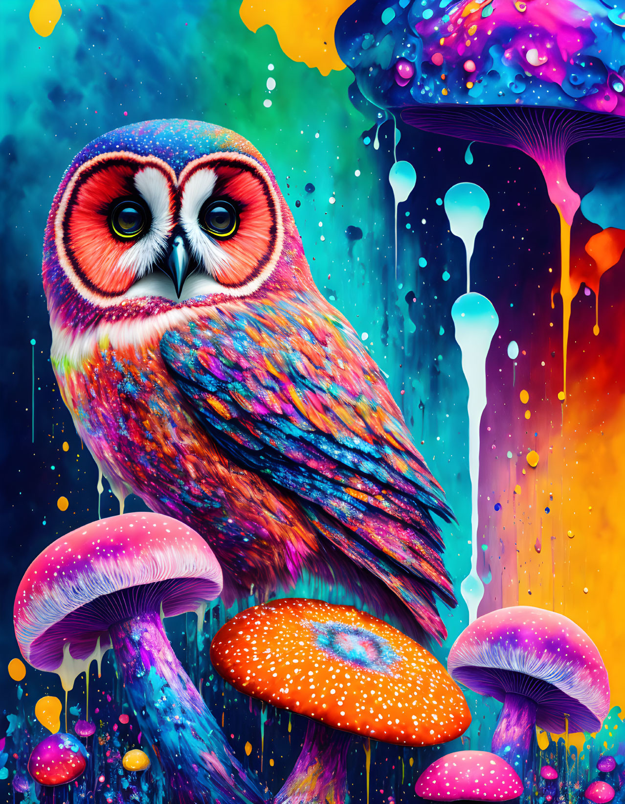 Colorful Owl Perched on Psychedelic Mushroom in Neon Background