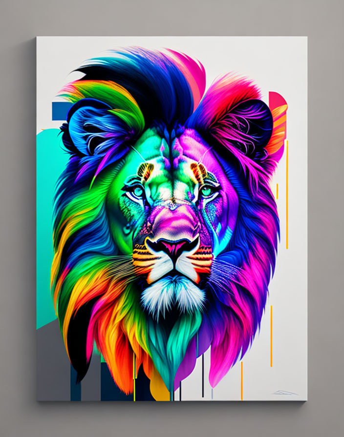 Colorful Abstract Lion Illustration with Rainbow Mane on Canvas