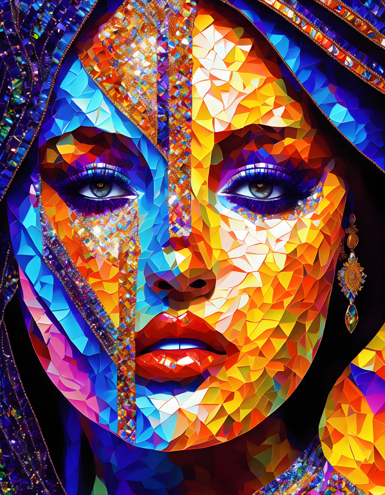 Vibrant digital portrait of a woman with blue eyes and intricate accessories