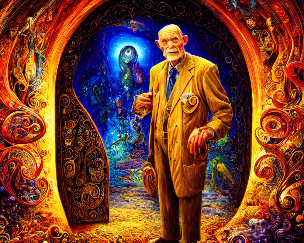 Elderly Man with Cane Stands Before Psychedelic Portal