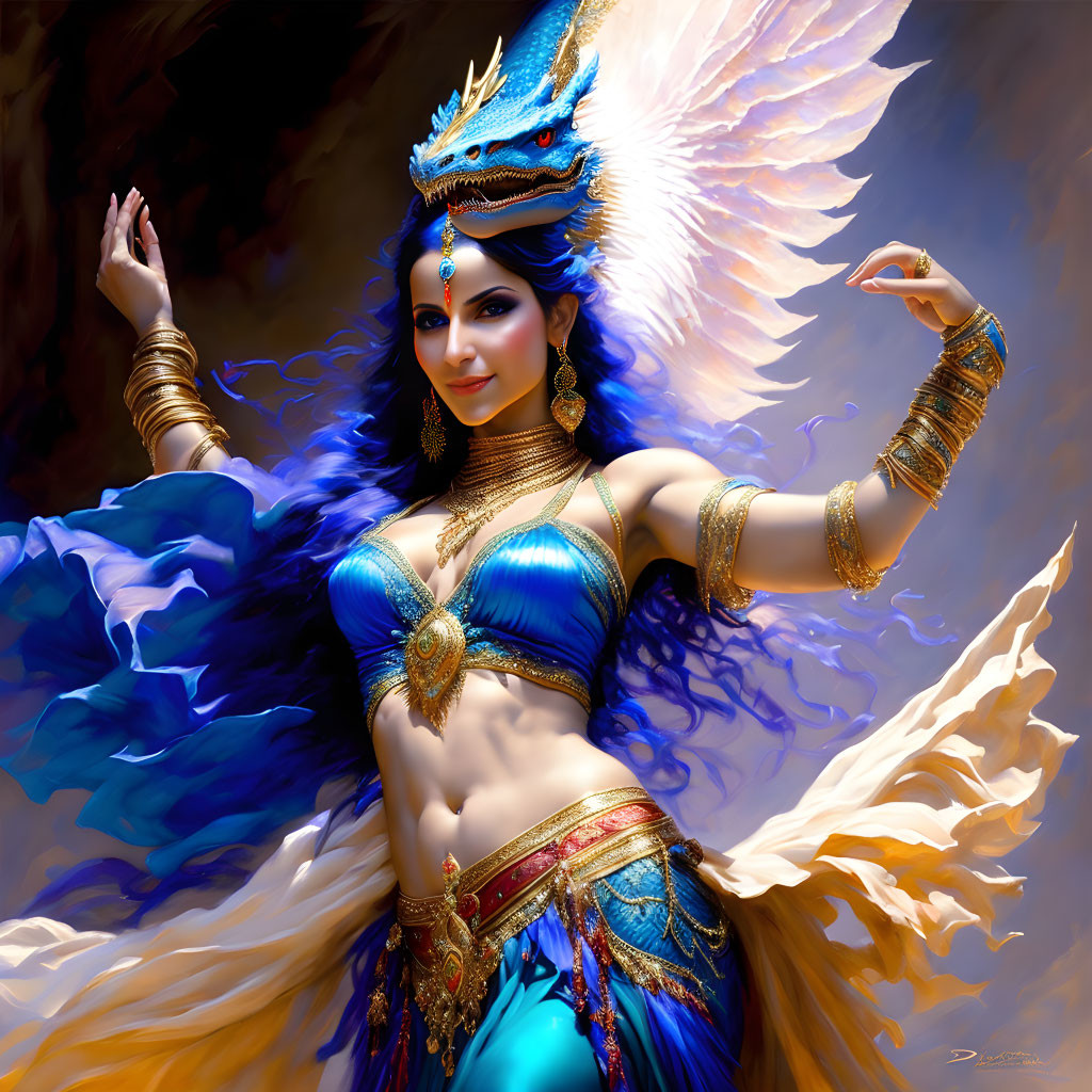 Colorful digital artwork: Mythical woman with wings in blue and gold attire, dragon headdress,