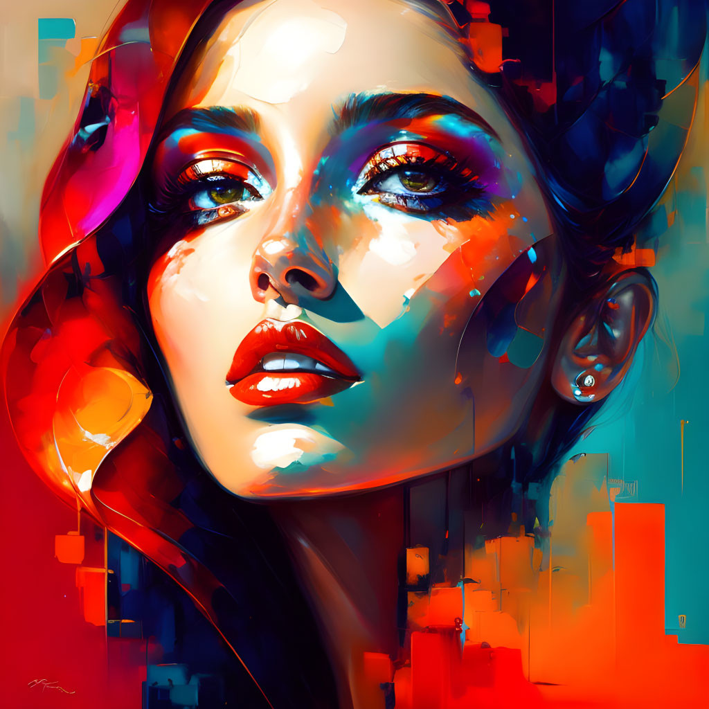 Colorful digital portrait of a woman with blue eyes and abstract elements.