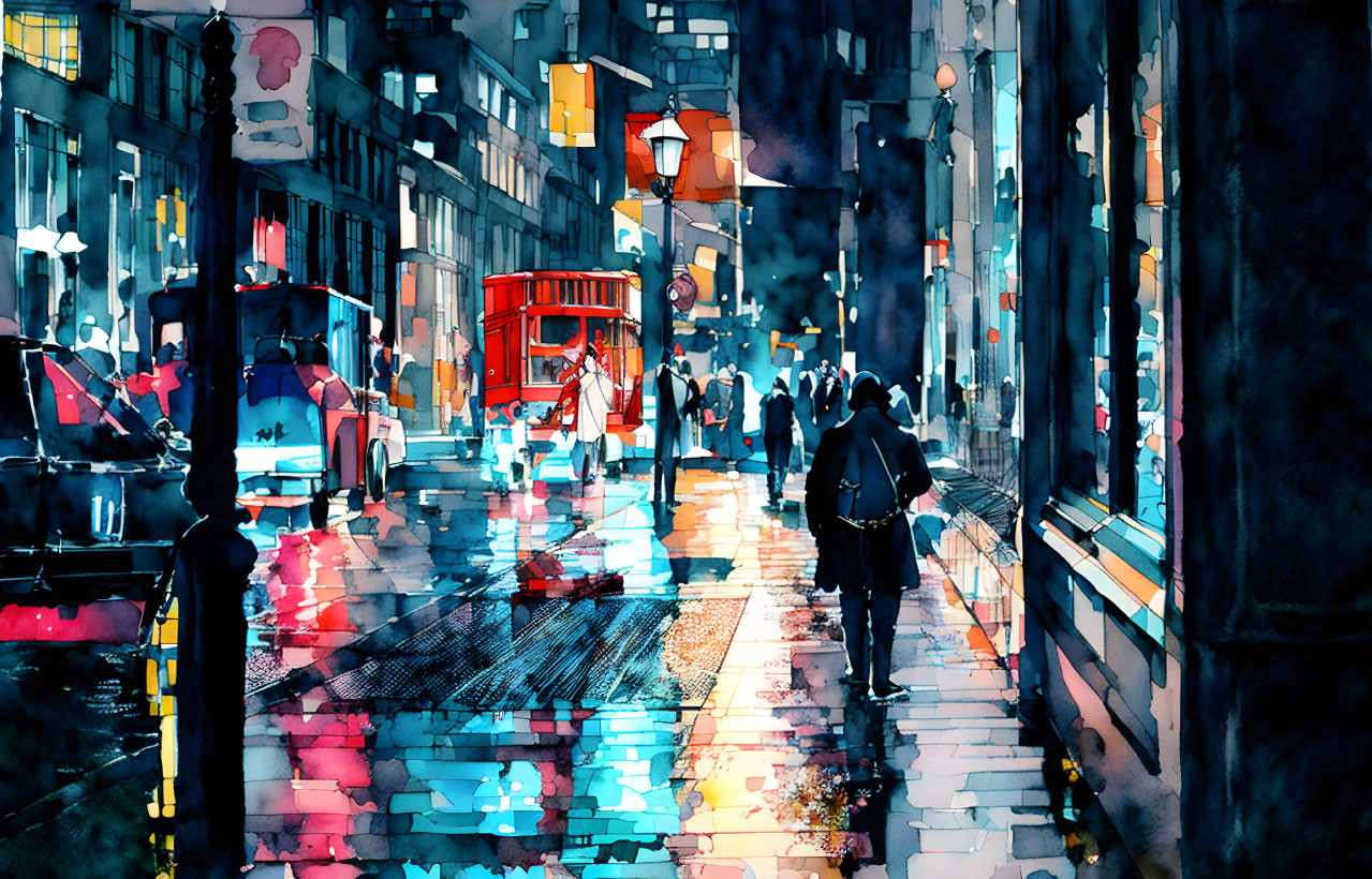 Colorful Watercolor Cityscape with Pedestrians and Vehicles at Dusk