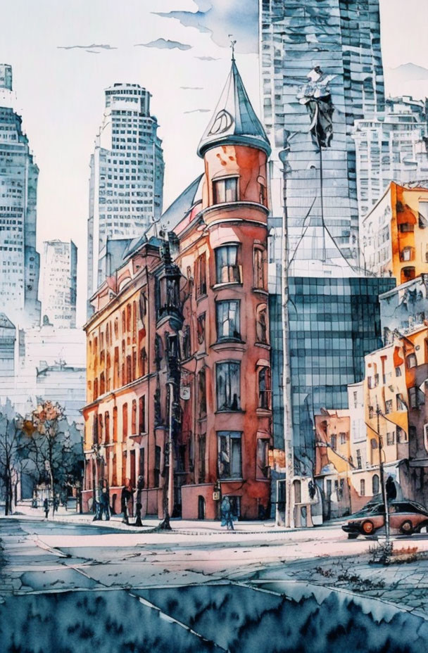 Watercolor painting of classic building with pointed turret in cityscape.