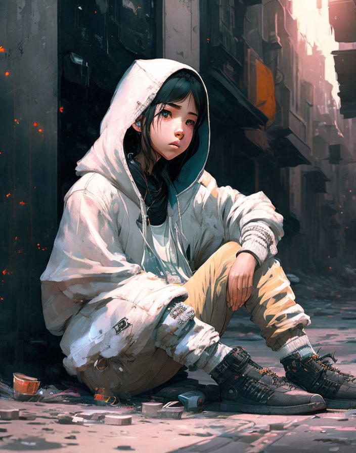 Contemplative young person in hooded jacket in alleyway