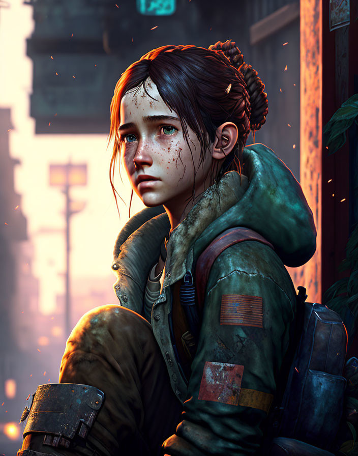 Young woman with braided hair and freckles in green jacket in post-apocalyptic setting