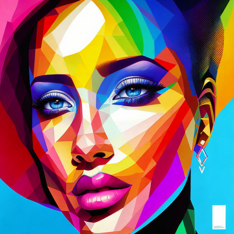 Colorful Geometric Portrait of Woman with Multicolored Pattern on Face