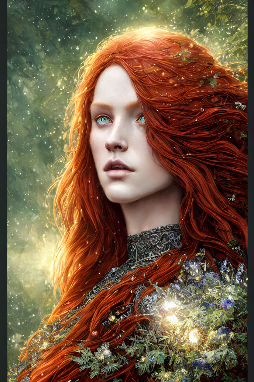 Digital painting of woman with flowing red hair and vibrant green eyes, adorned with floral and jeweled embell