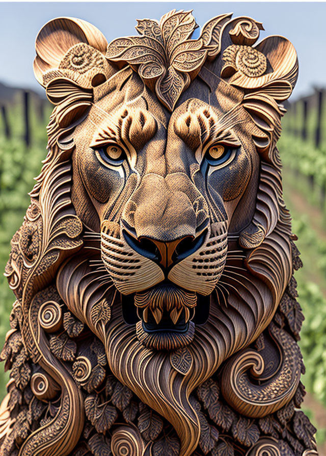 Ornate lion head artwork with vineyard background