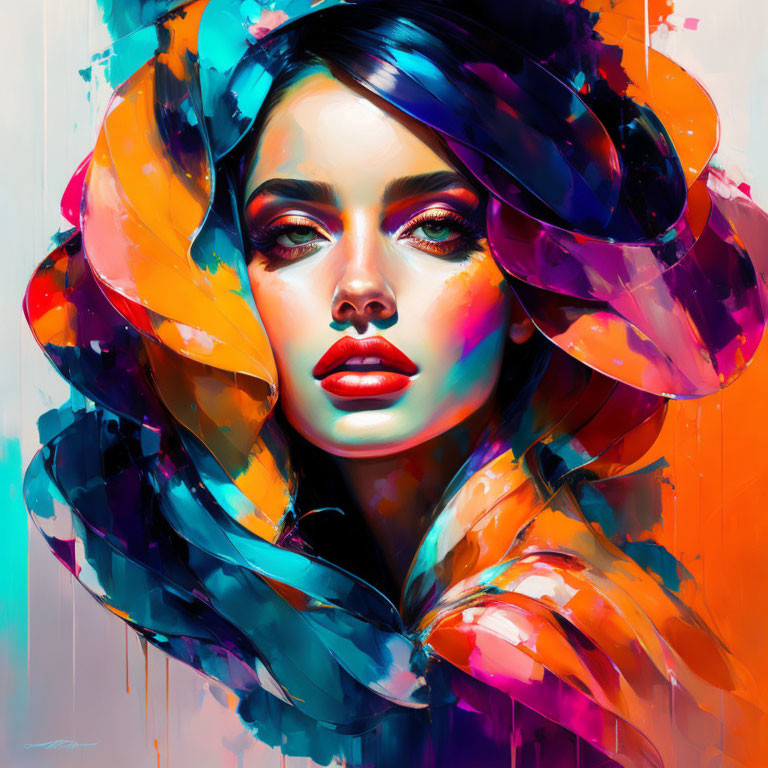 Colorful Portrait of Woman with Dramatic Makeup and Abstract Brushstrokes